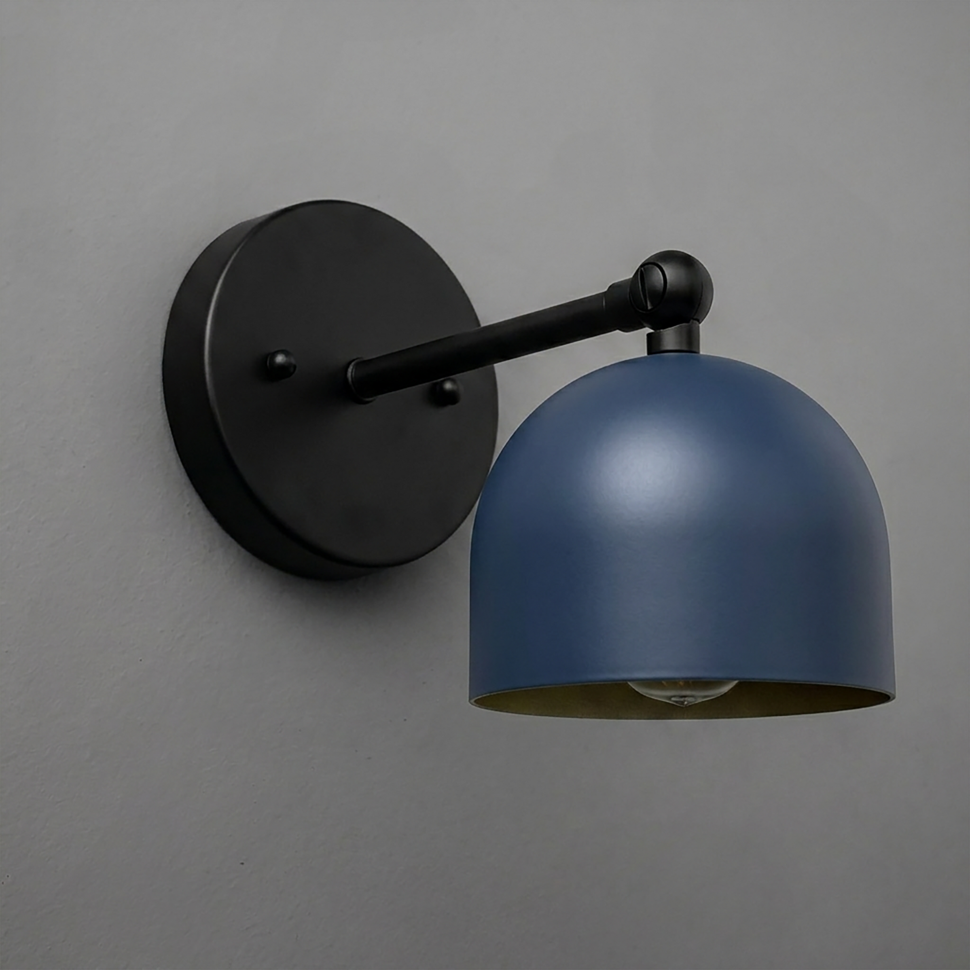 Matte black metal wall sconce with an adjustable arm and a dome-shaped navy blue shade. - SCONCE MODEL NO. 5103