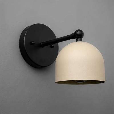 Matte black metal wall sconce with a rounded beige fabric lampshade and single bulb design. - SCONCE MODEL NO. 5103