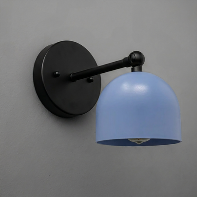 Black metal wall sconce with matte finish and curved arm holding a smooth blue dome-shaped shade. - SCONCE MODEL NO. 5103
