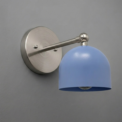 Wall-mounted sconce with brushed nickel arm and circular base, featuring a sky blue dome-shaped metal shade. - SCONCE MODEL NO. 5103