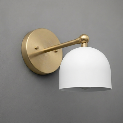 Wall-mounted sconce with brushed brass round base and arm, featuring a white dome-shaped shade. - SCONCE MODEL NO. 5103