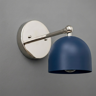Wall-mounted sconce with polished silver round base and arm, featuring a matte navy blue dome-shaped shade. - SCONCE MODEL NO. 5103
