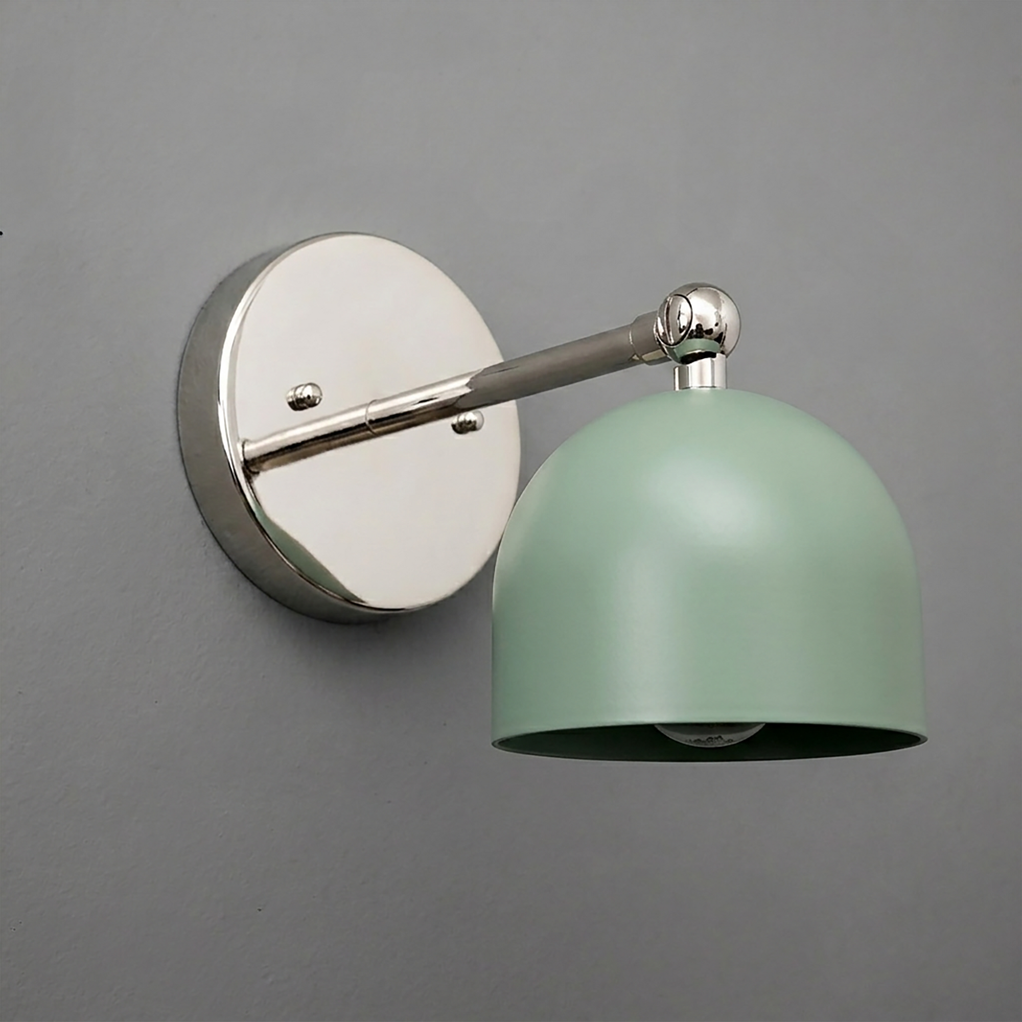 Wall-mounted sconce with polished chrome base and arm, featuring a matte sage green dome-shaped shade. - SCONCE MODEL NO. 5103