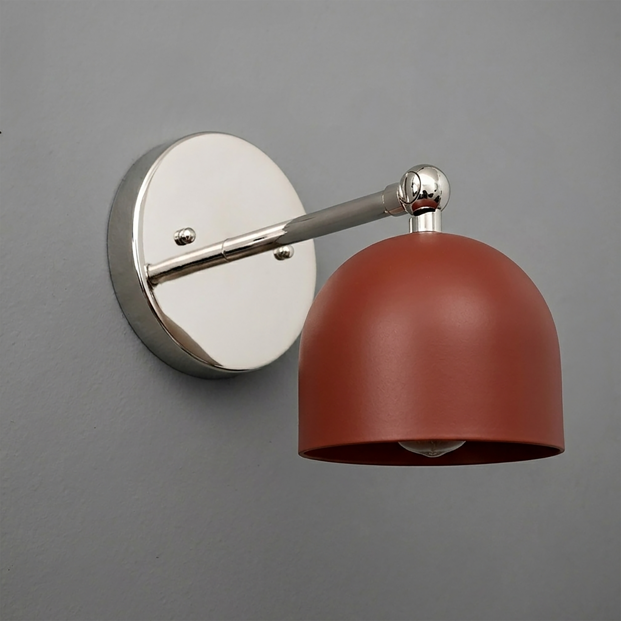 Wall-mounted sconce with matte rust-red dome shade and polished chrome round base and arm. - SCONCE MODEL NO. 5103