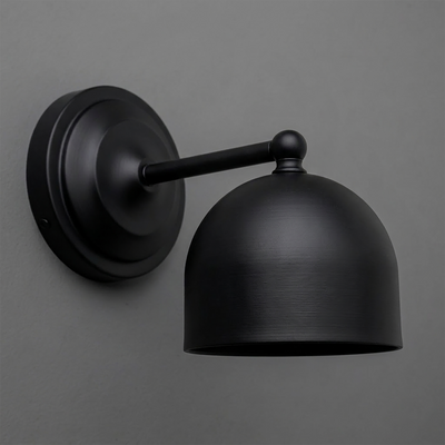 Matte black metal 1-bulb wall sconce with dome-shaped shade and round mounting plate. - SCONCE MODEL NO. 6649