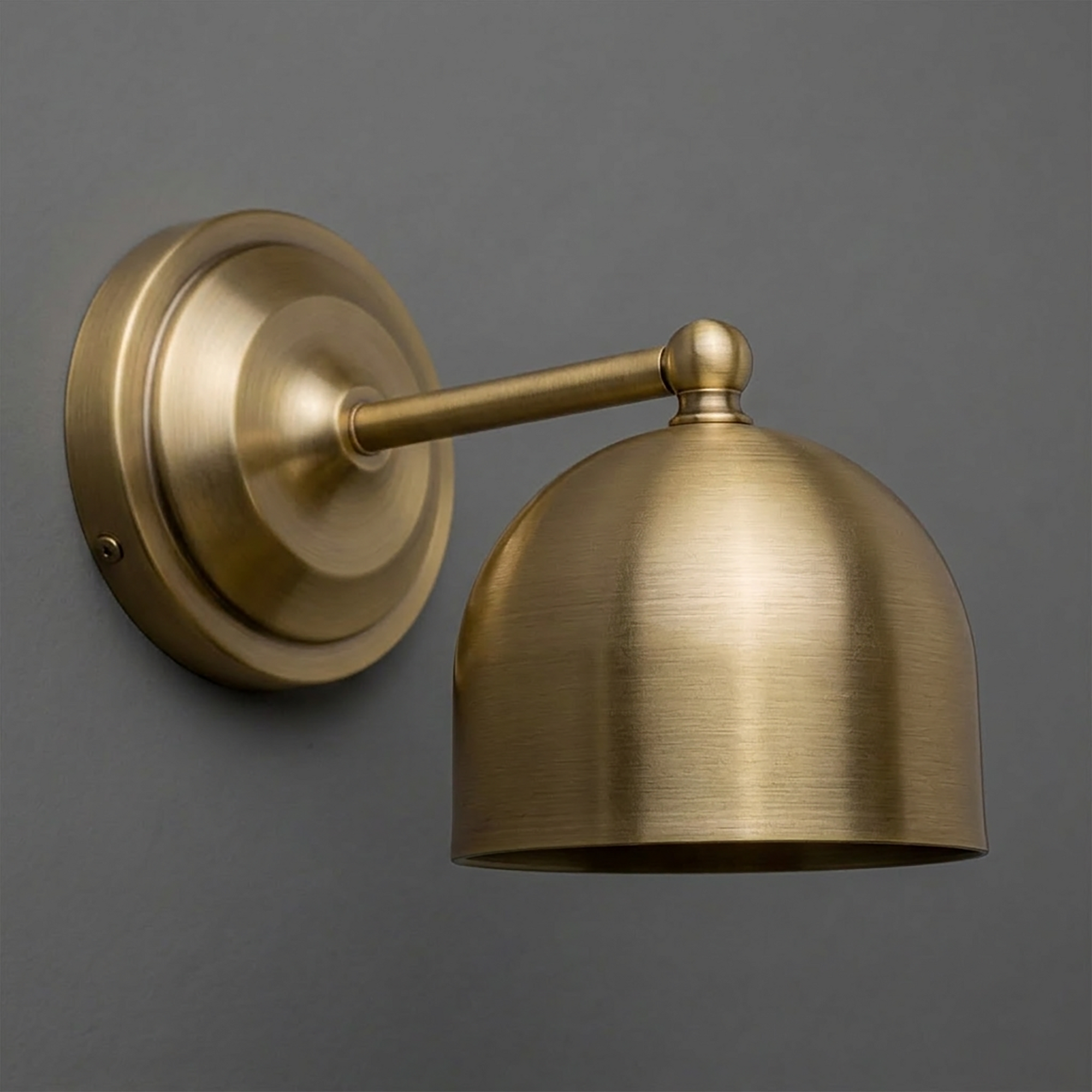 Brushed brass wall sconce with dome-shaped shade and round mounting plate. - SCONCE MODEL NO. 6649