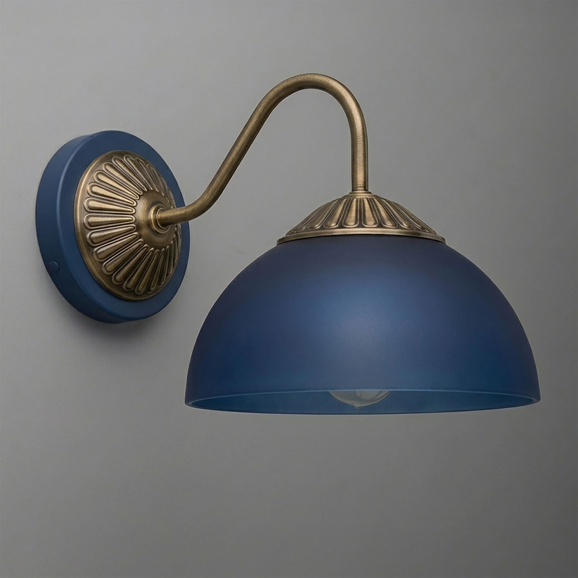 Blue dome-shaped metal sconce with antique brass curved arm and decorative round wall plate. - SCONCE MODEL NO. 9408