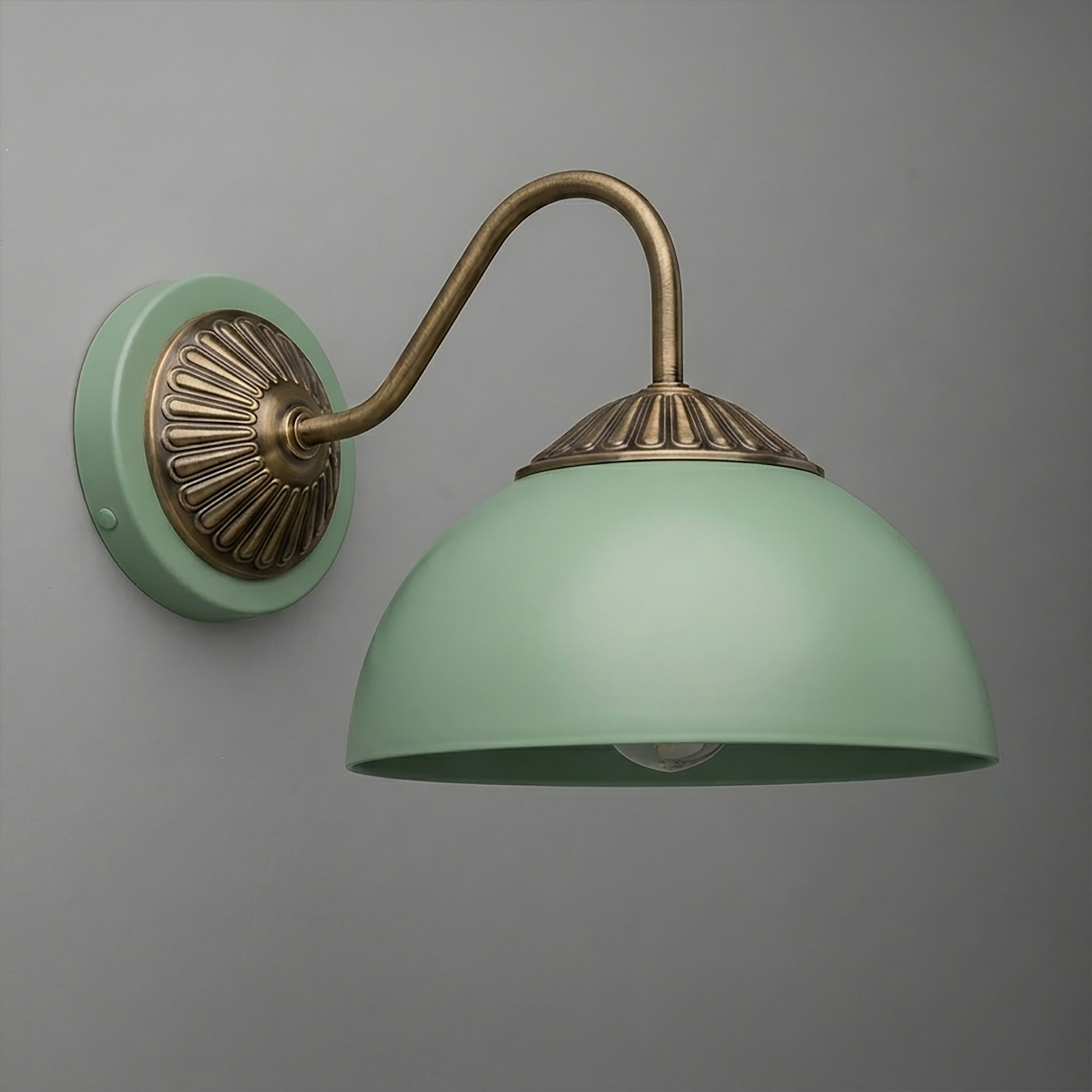 Green metal dome-shaped wall sconce with antique brass curved arm and decorative wall mount. - SCONCE MODEL NO. 9408