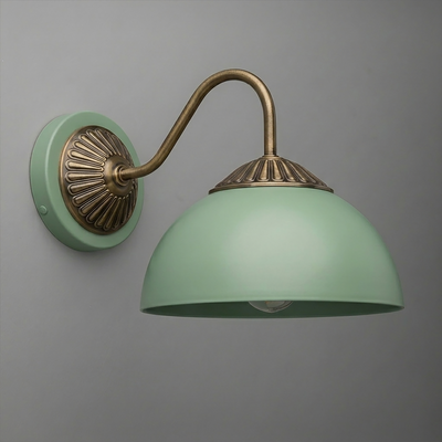Green metal dome-shaped wall sconce with antique brass curved arm and decorative wall mount. - SCONCE MODEL NO. 9408