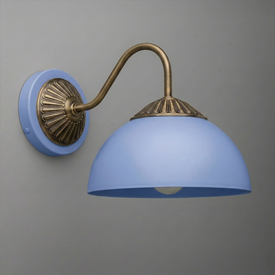 Wall sconce with curved antique brass arm and round blue metal shade with ribbed brass mount. - SCONCE MODEL NO. 9408