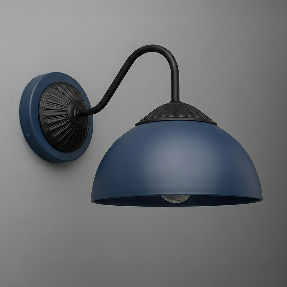 Matte blue metal wall sconce with black curved arm and decorative black wall mount. - SCONCE MODEL NO. 9408