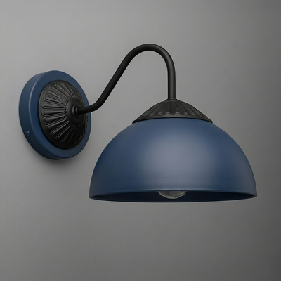 Matte blue metal wall sconce with black curved arm and decorative black wall mount. - SCONCE MODEL NO. 9408