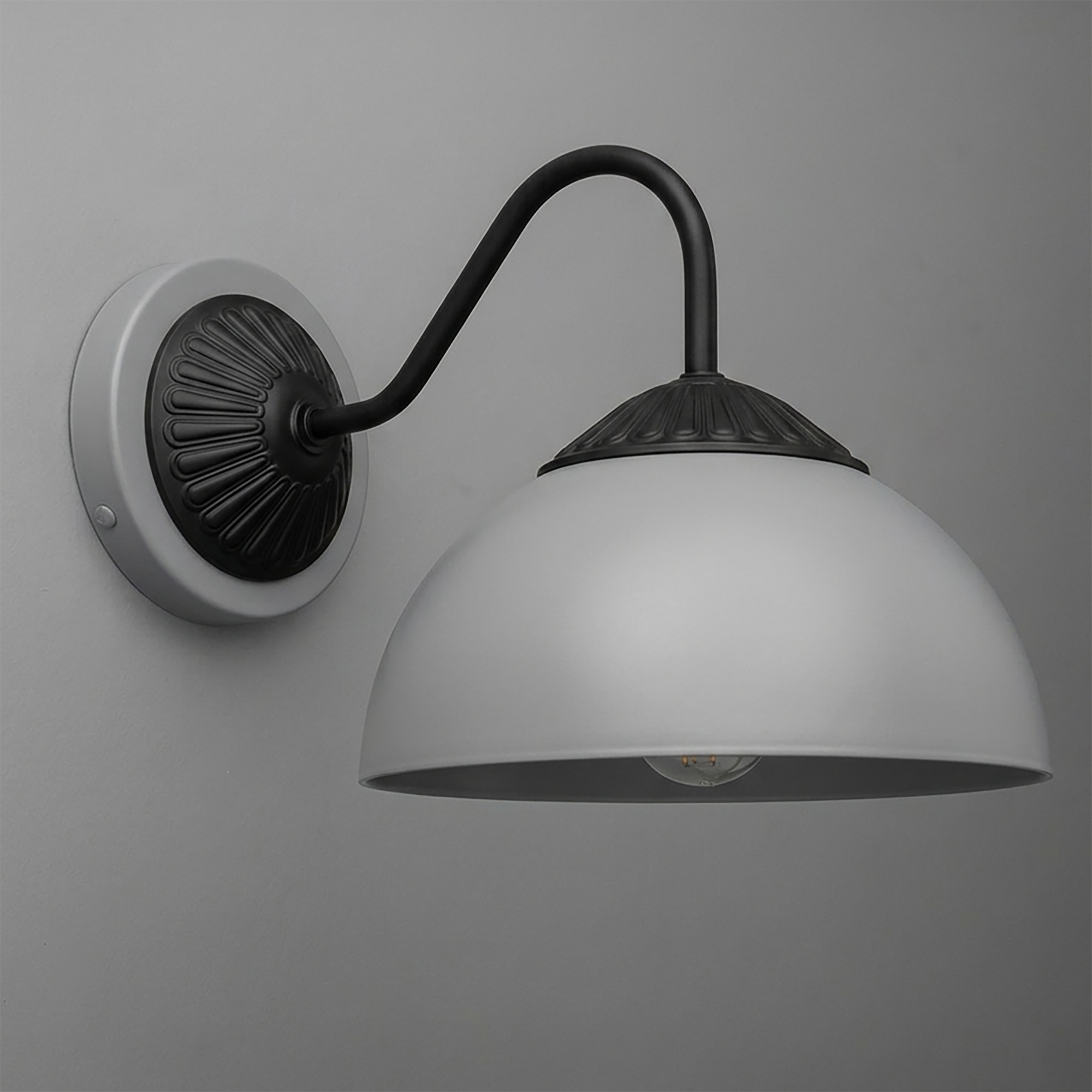 Matte black metal 1-bulb wall sconce with curved arm and white dome-shaped shade. - SCONCE MODEL NO. 9408