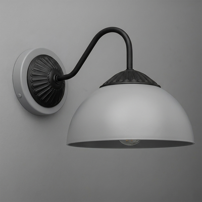 Matte black metal 1-bulb wall sconce with curved arm and white dome-shaped shade. - SCONCE MODEL NO. 9408