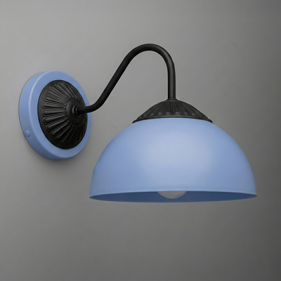Black metal wall sconce with curved arm and matte blue dome-shaped shade. - SCONCE MODEL NO. 9408