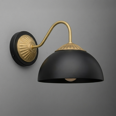 Matte black dome-shaped metal sconce with gold curved arm and decorative backplate. - SCONCE MODEL NO. 9408