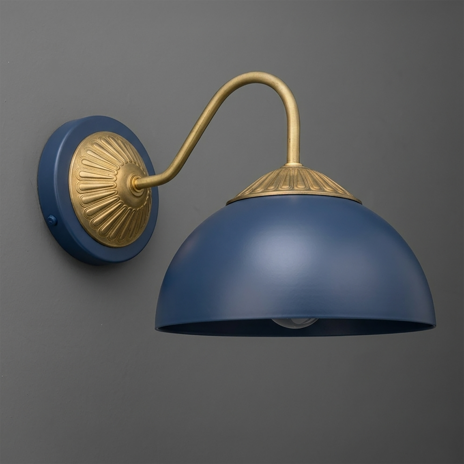 Wall-mounted sconce with curved brass arm and blue dome-shaped metal shade. - SCONCE MODEL NO. 9408