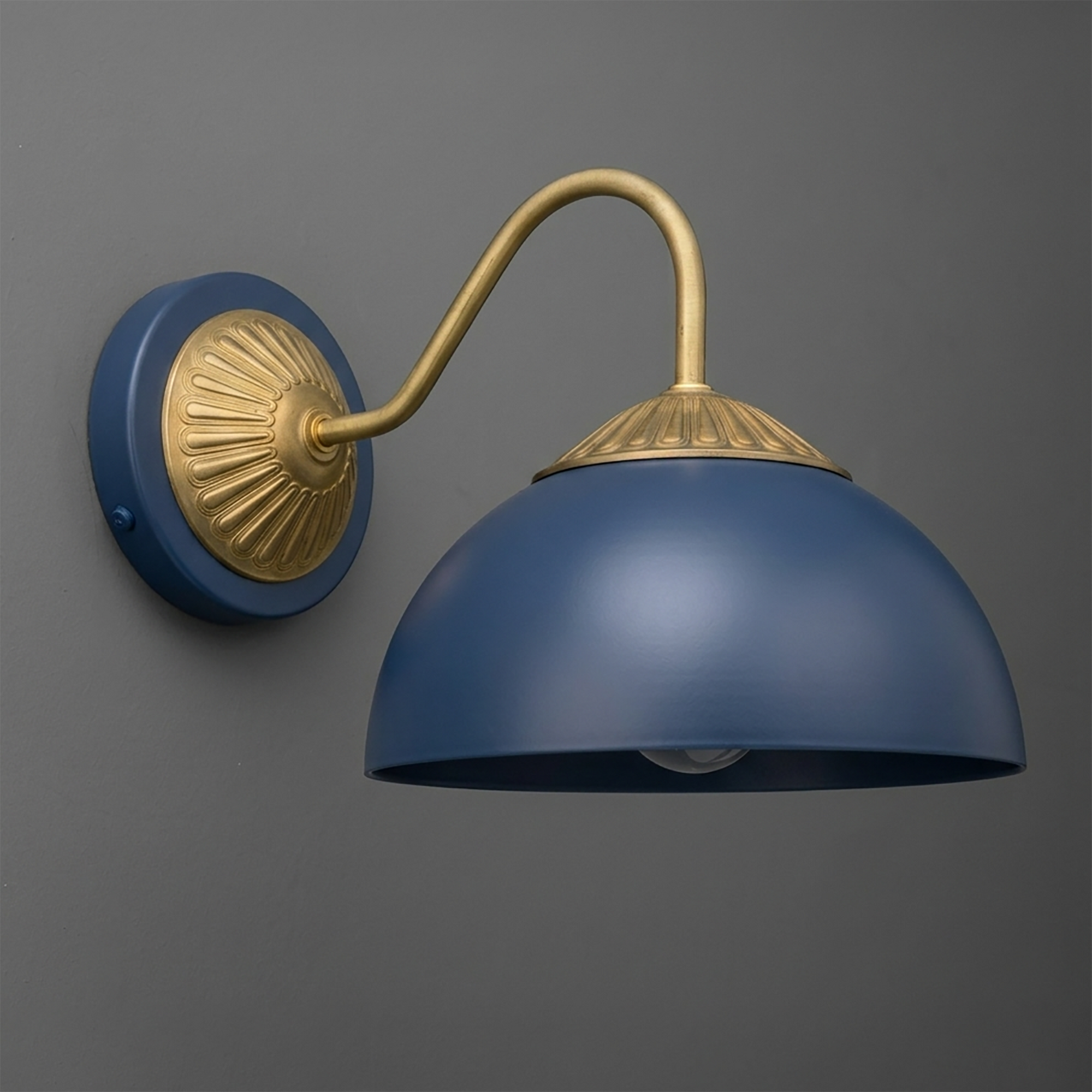 Wall-mounted sconce with curved brass arm and blue dome-shaped metal shade. - SCONCE MODEL NO. 9408