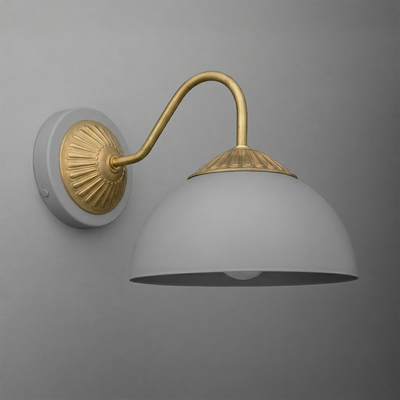 Wall sconce with matte gray dome shade and brushed brass curved arm and mounting plate detailing. - SCONCE MODEL NO. 9408