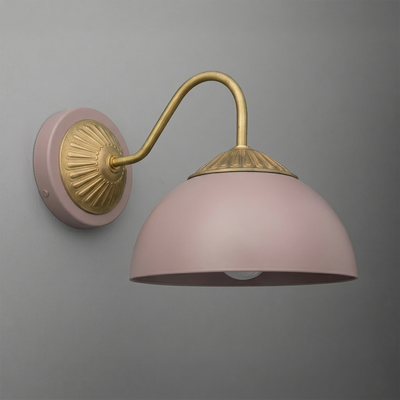 Wall-mounted sconce with matte pink dome shade and curved antique brass arm and base. - SCONCE MODEL NO. 9408