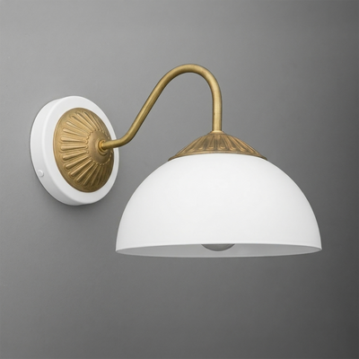 Wall-mounted sconce with curved brass arm and white glass dome shade on a round white base. - SCONCE MODEL NO. 9408
