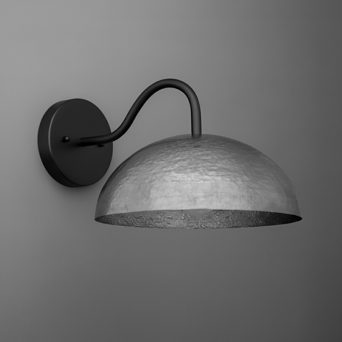 Curved black metal arm wall sconce with wide hammered steel dome shade. - SCONCE MODEL NO. 9874