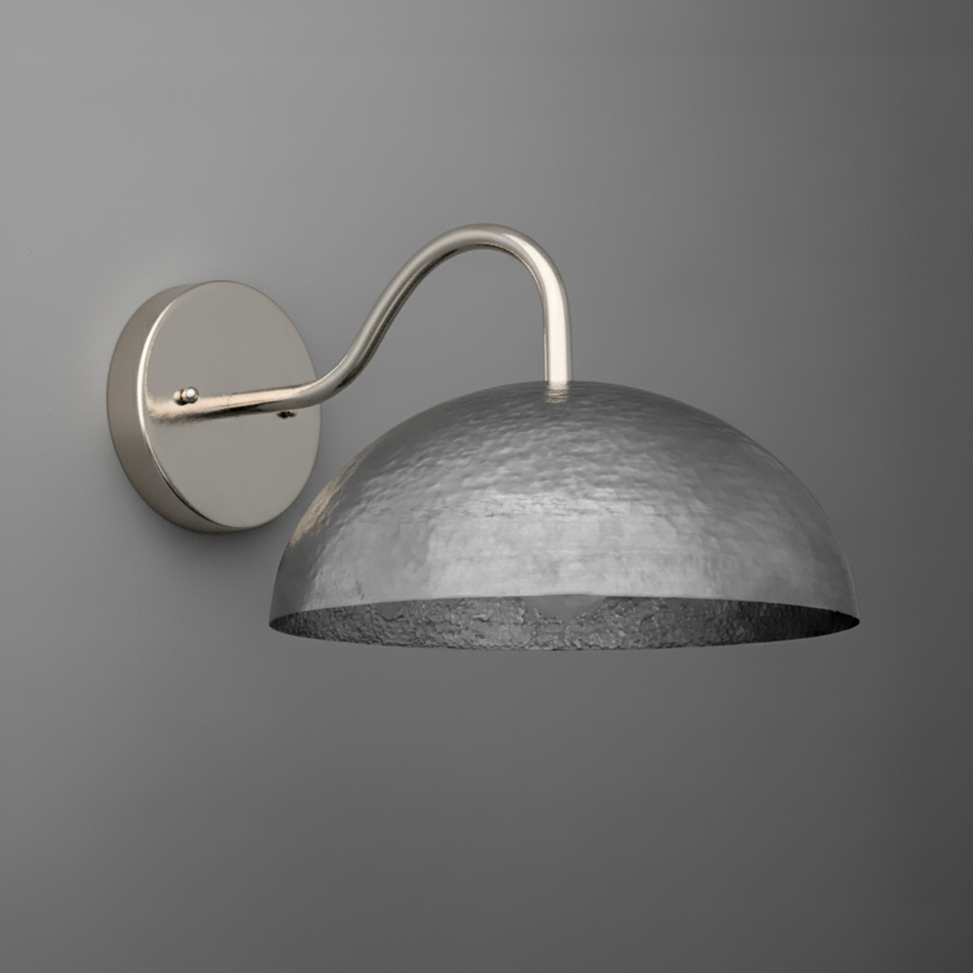 Wall sconce with polished nickel curved arm and hammered steel dome shade against gray background. - SCONCE MODEL NO. 9874