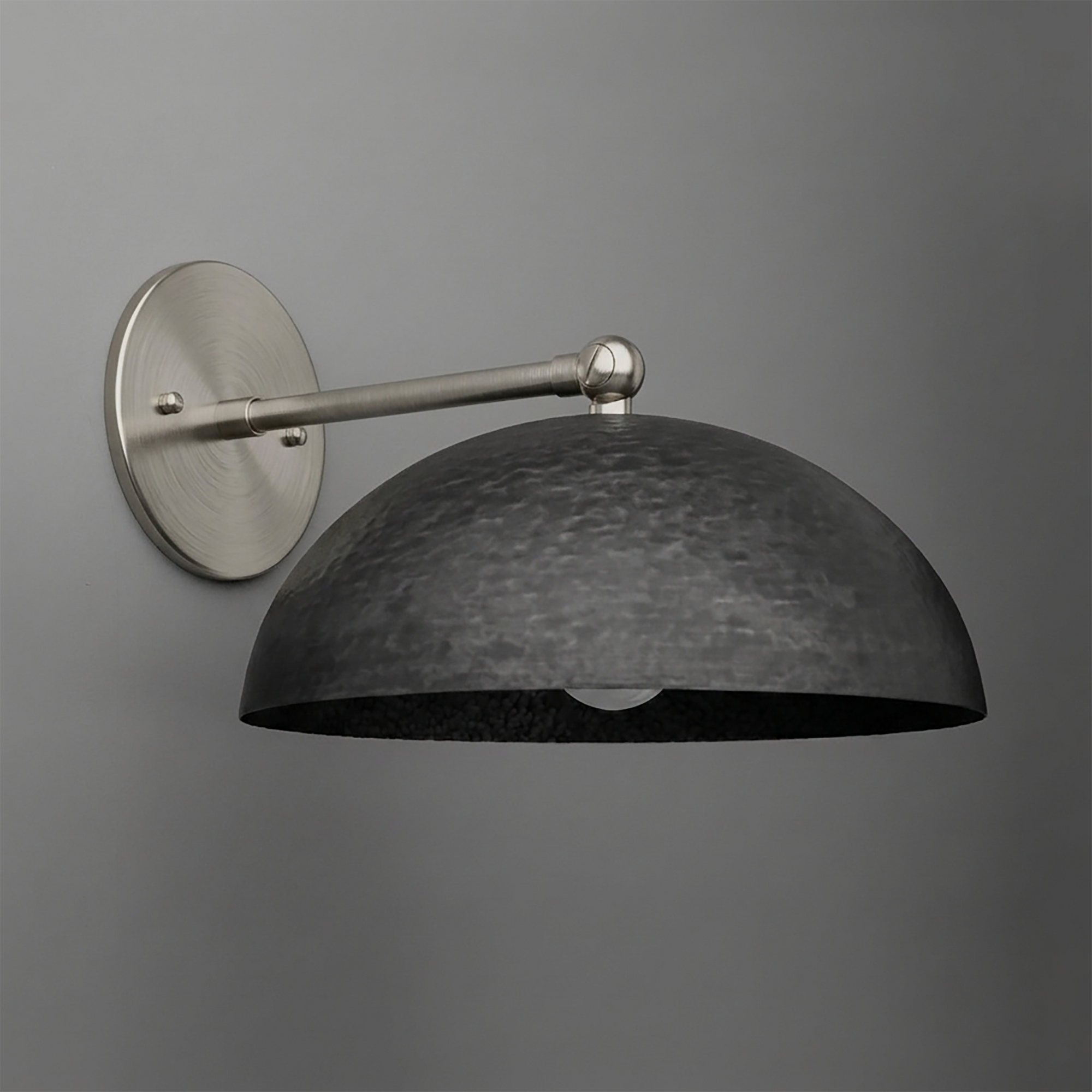 Matte black hammered dome metal shade wall sconce with brushed nickel arm and round wall plate. - SCONCE MODEL NO. 3164