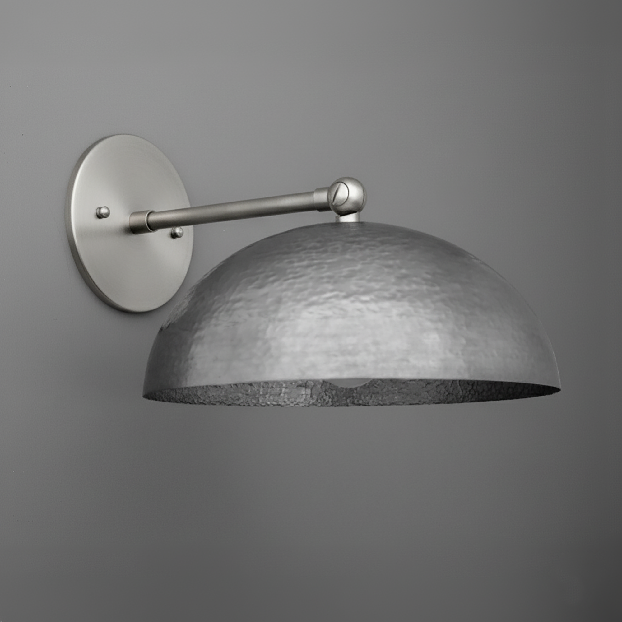 Modern wall sconce with a hammered steel dome shade and brushed nickel arm and mounting plate. - SCONCE MODEL NO. 3164