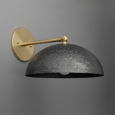 Wall sconce with a hammered black metal dome shade and brass arm and round wall mount. - SCONCE MODEL NO. 3164