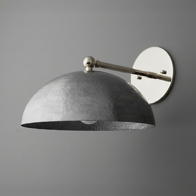 Industrial-style 1-bulb wall sconce with a hammered metal dome shade and polished nickel arm and round wall plate. - SCONCE MODEL NO. 3164