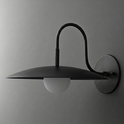 Black metal wall sconce with curved arm and wide, flat disc shade over a white globe bulb. - SCONCE MODEL NO. 9171