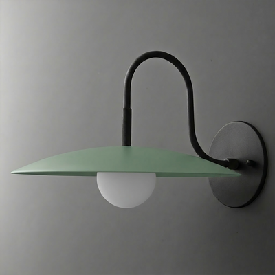 Matte black metal wall sconce with curved arm and wide, flat green metal shade over a white globe bulb. - SCONCE MODEL NO. 9171