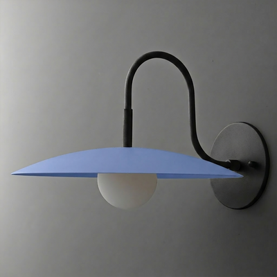 Wall sconce with matte black curved arm and round light blue disc shade over frosted white globe bulb. - SCONCE MODEL NO. 9171