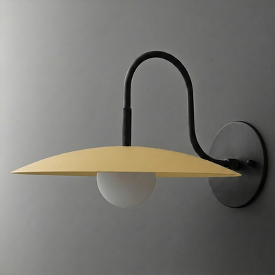 Wall-mounted sconce with matte black curved arm, round base, and wide flat yellow metal shade over frosted globe bulb. - SCONCE MODEL NO. 9171