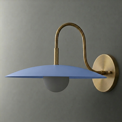 Wall sconce with matte blue flat disc shade, brass curved arm, and frosted globe bulb. - SCONCE MODEL NO. 9171