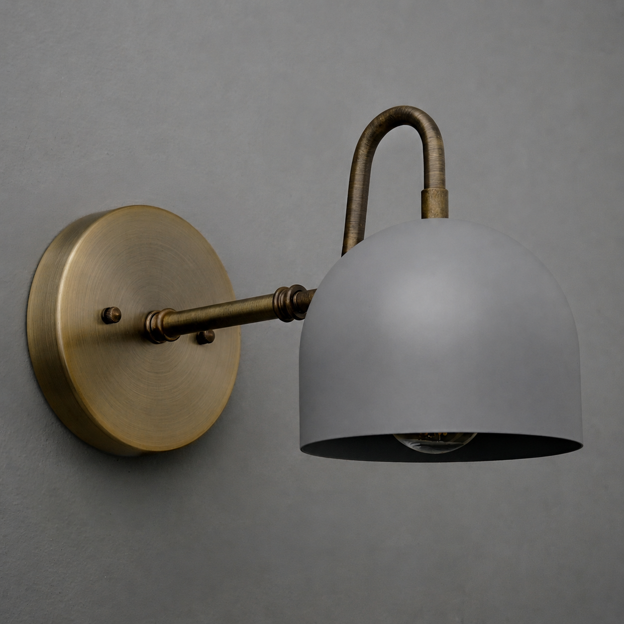 Wall sconce with aged brass round base and arm, matte gray dome-shaped metal shade, 1-bulb design. - SCONCE MODEL NO. 3628