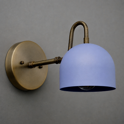 Wall-mounted sconce with antique brass finish and matte lavender dome-shaped shade. - SCONCE MODEL NO. 3628