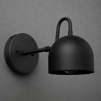 Matte black metal wall sconce with dome-shaped shade and round mounting base. - SCONCE MODEL NO. 3628