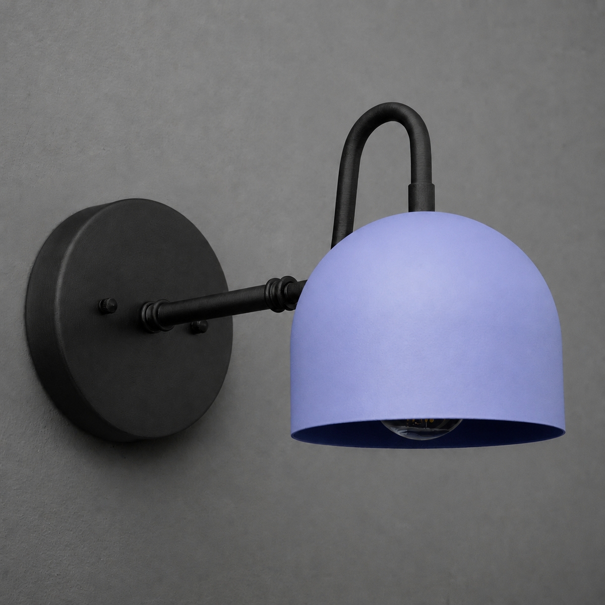 Black metal wall sconce with a curved arm and a matte lavender dome-shaped shade. - SCONCE MODEL NO. 3628