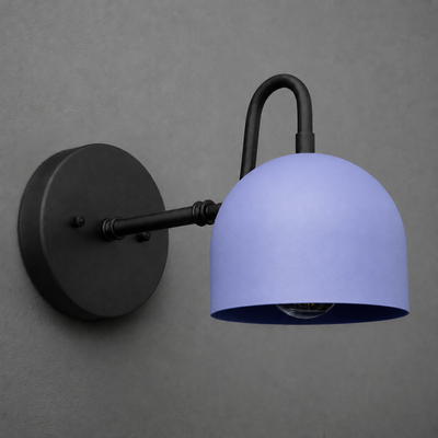 Black metal wall sconce with a curved arm and a matte lavender dome-shaped shade. - SCONCE MODEL NO. 3628