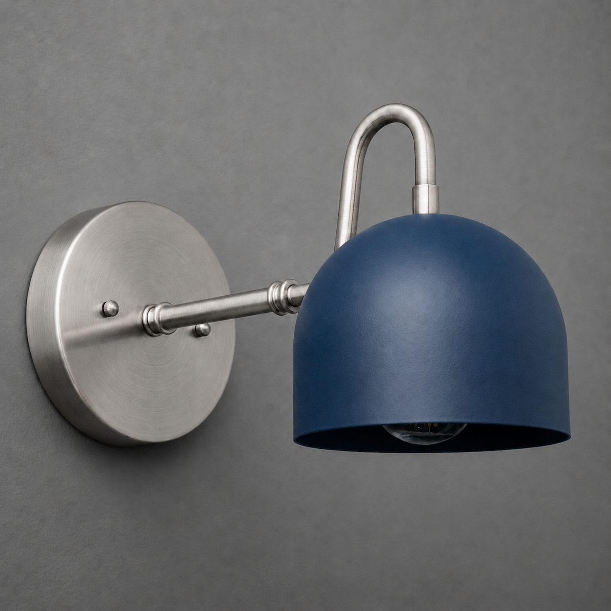 Wall-mounted sconce with brushed metal arm and round deep navy blue metal shade. - SCONCE MODEL NO. 3628