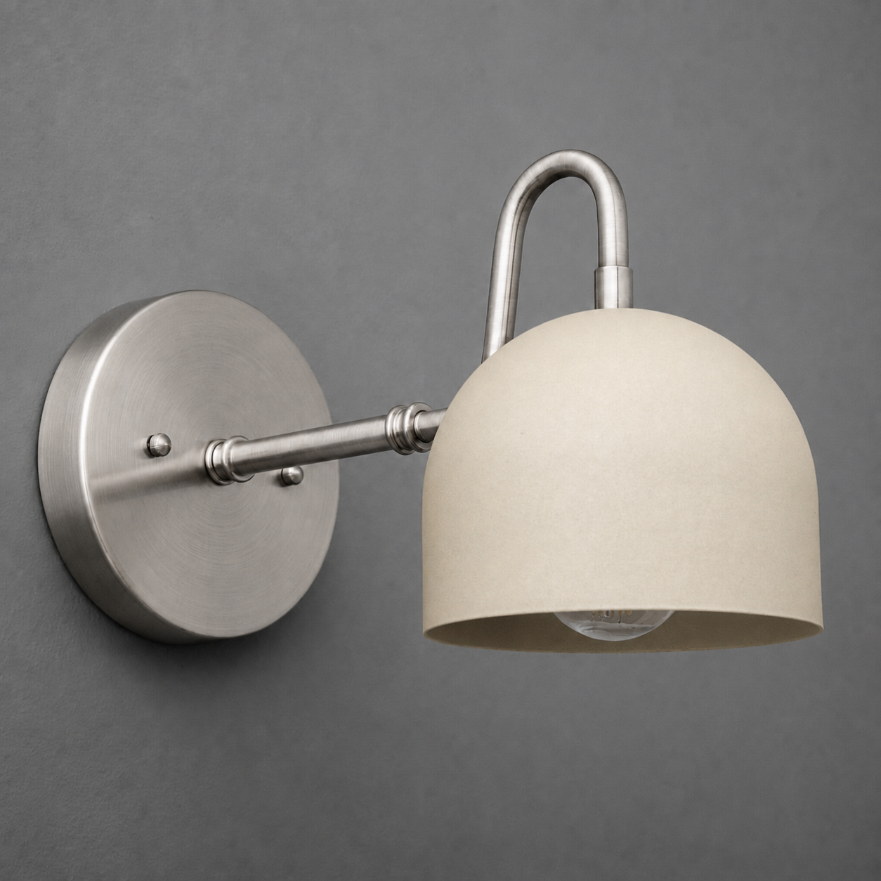 Matte beige dome-shaped metal shade with brushed nickel arm and round wall mount 1-bulb sconce. - SCONCE MODEL NO. 3628