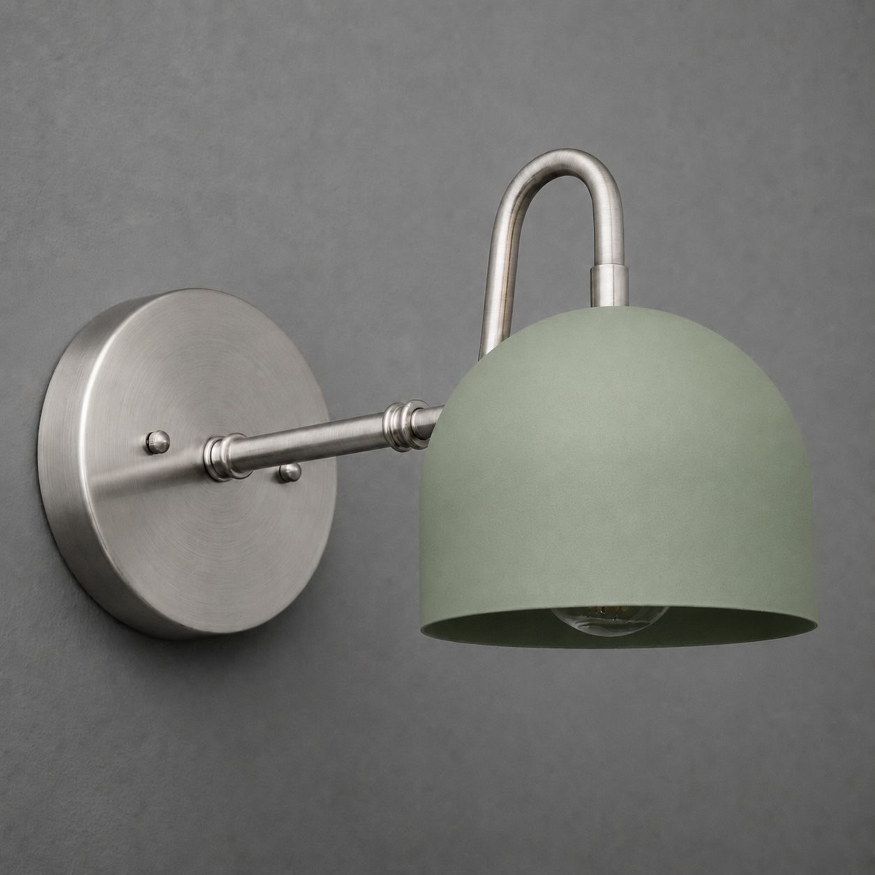Wall-mounted metal sconce with brushed nickel finish and matte green dome-shaped shade. - SCONCE MODEL NO. 3628