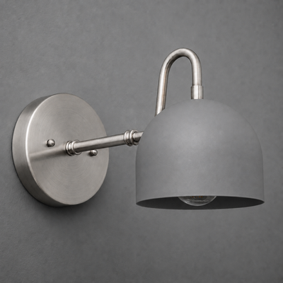 Brushed nickel wall sconce with matte gray dome shade and adjustable arm, single bulb design. - SCONCE MODEL NO. 3628