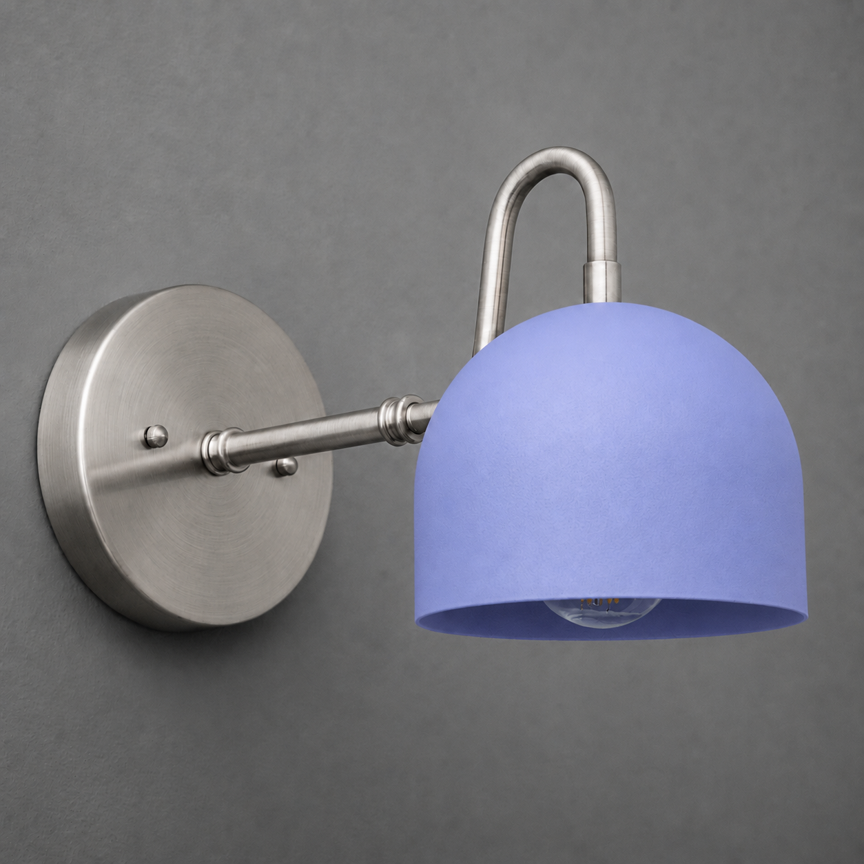 Brushed nickel wall sconce with a curved arm and a matte blue dome-shaped glass shade. - SCONCE MODEL NO. 3628