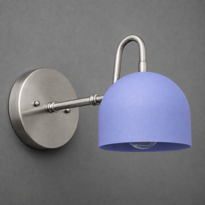 Brushed nickel wall sconce with a curved arm and a matte blue dome-shaped glass shade. - SCONCE MODEL NO. 3628