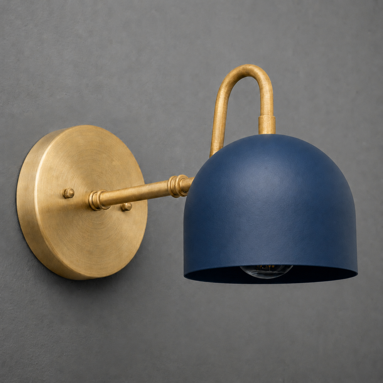 Wall-mounted sconce with matte blue dome shade and antique brass arm and round base plate. - SCONCE MODEL NO. 3628