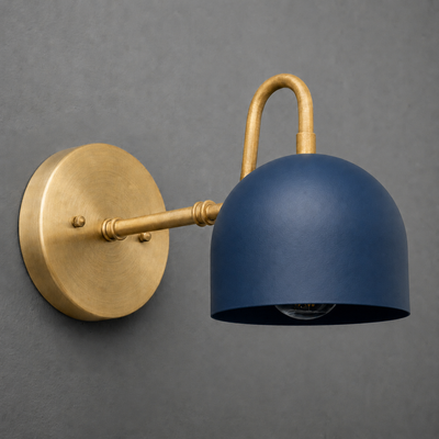 Wall-mounted sconce with matte blue dome shade and antique brass arm and round base plate. - SCONCE MODEL NO. 3628