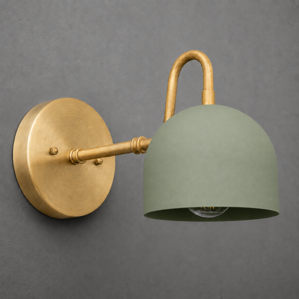 Wall-mounted sconce with matte green dome shade and brushed brass arm and base. - SCONCE MODEL NO. 3628